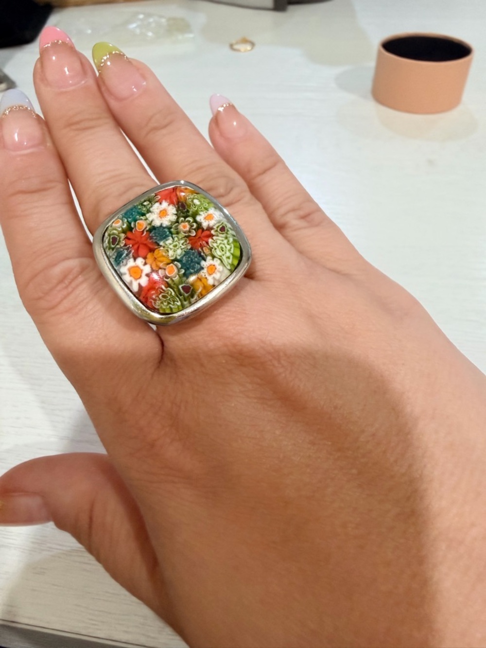 Millefiori style Floral Glass Stainless Steel Statement Ring Size 7 - 7 1/2
